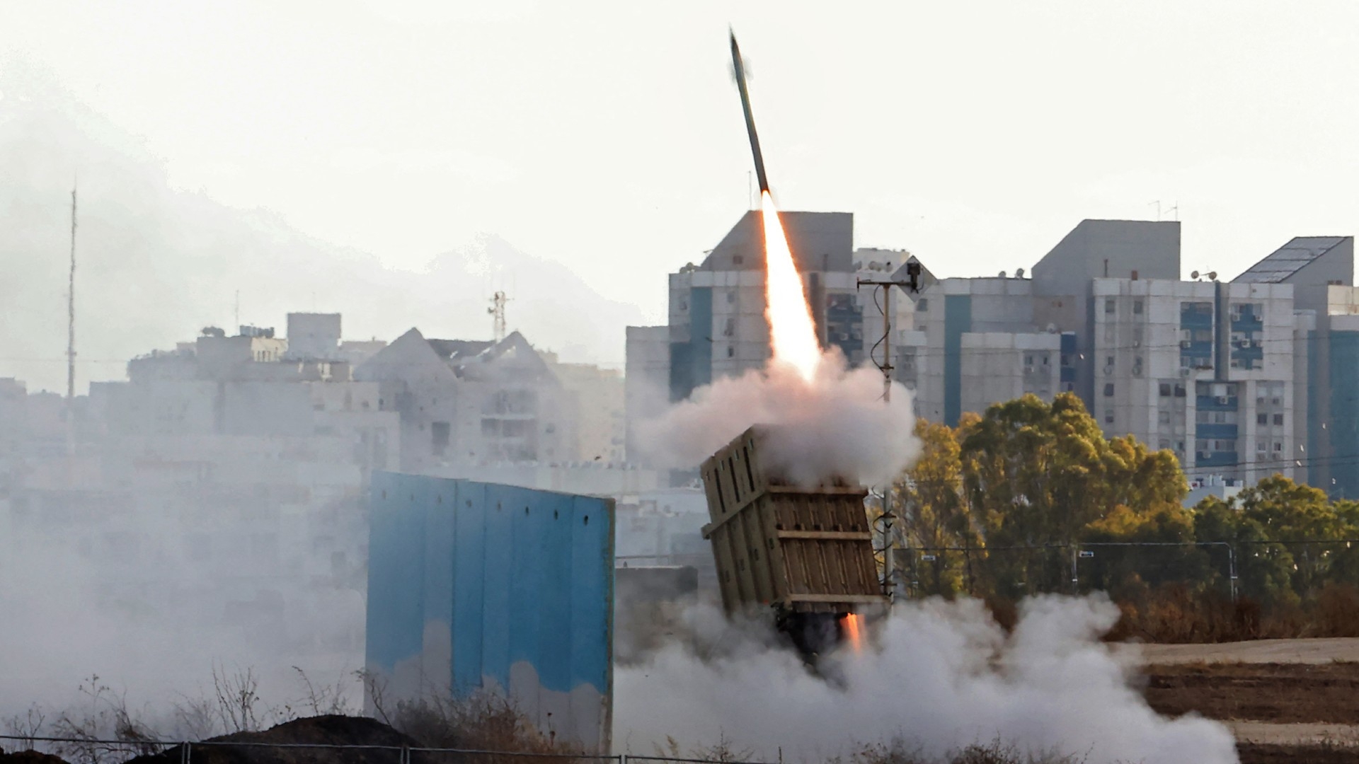 Israel's Iron Dome aerial defence system is launched to intercept a rocket launched from the Gaza Strip, above the southern Israeli city of Ashdod, on 17 May 2021.