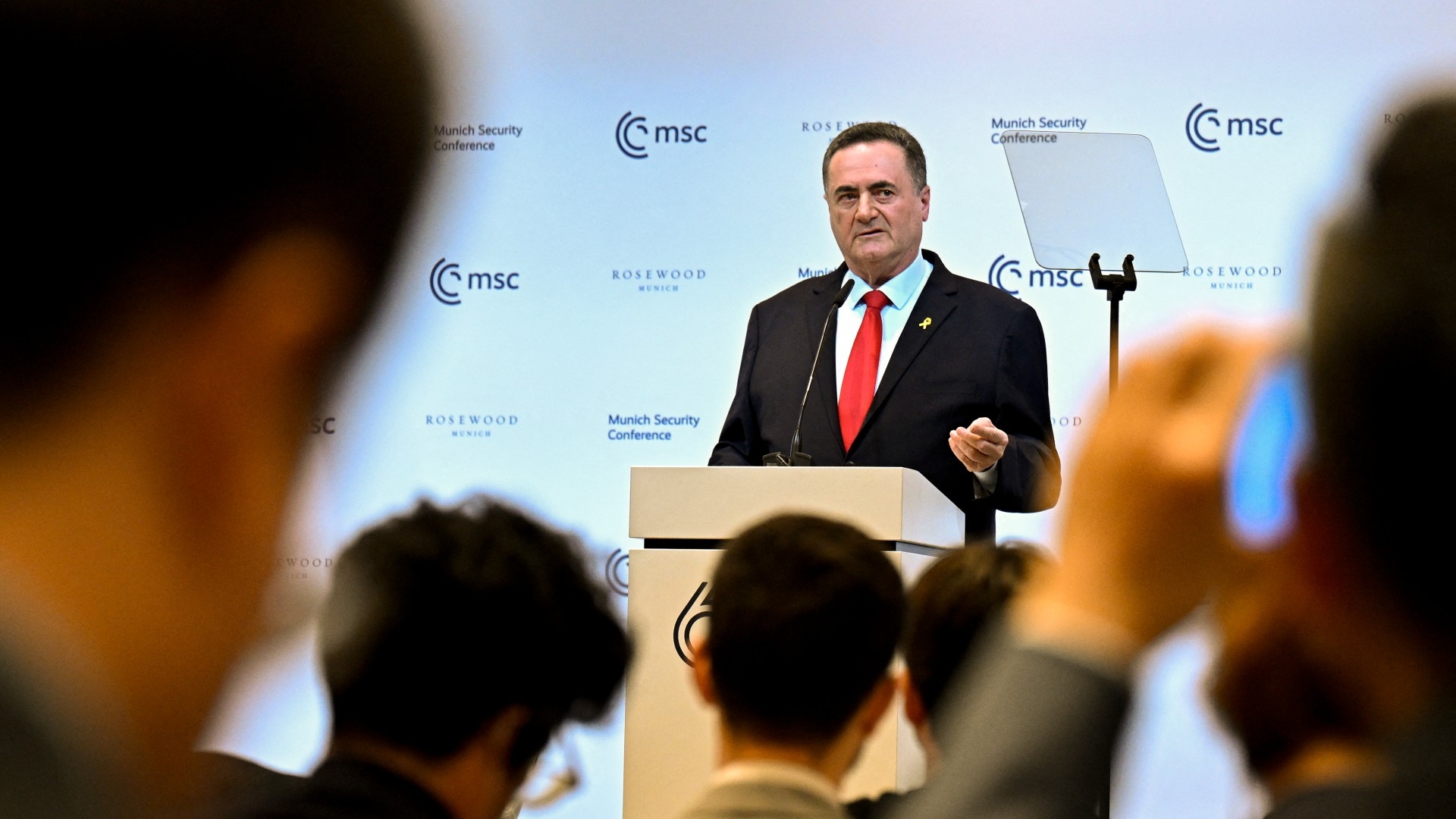 Israel's Foreign Minister Yisrael Katz delivers a speech at the Bayerischer Hof Hotel in Munich, southern Germany on 16 February 2024 (AFP/Tobias Schwarz)