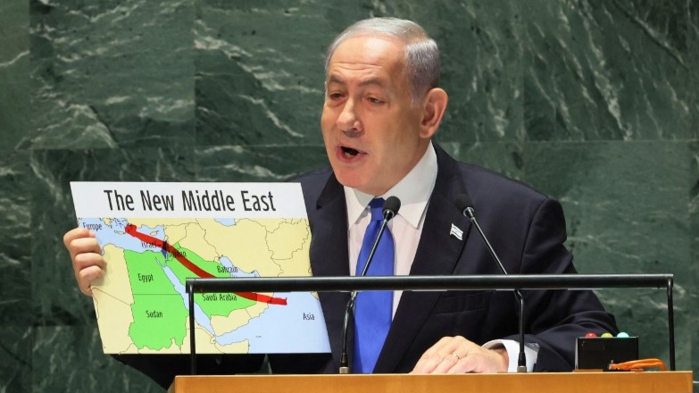 Israeli Prime Minister Benjamin Netanyahu holds up a map at the United Nations General Assembly in New York on 22 September 2023 (Michael M Santiago/Getty Images/AFP)