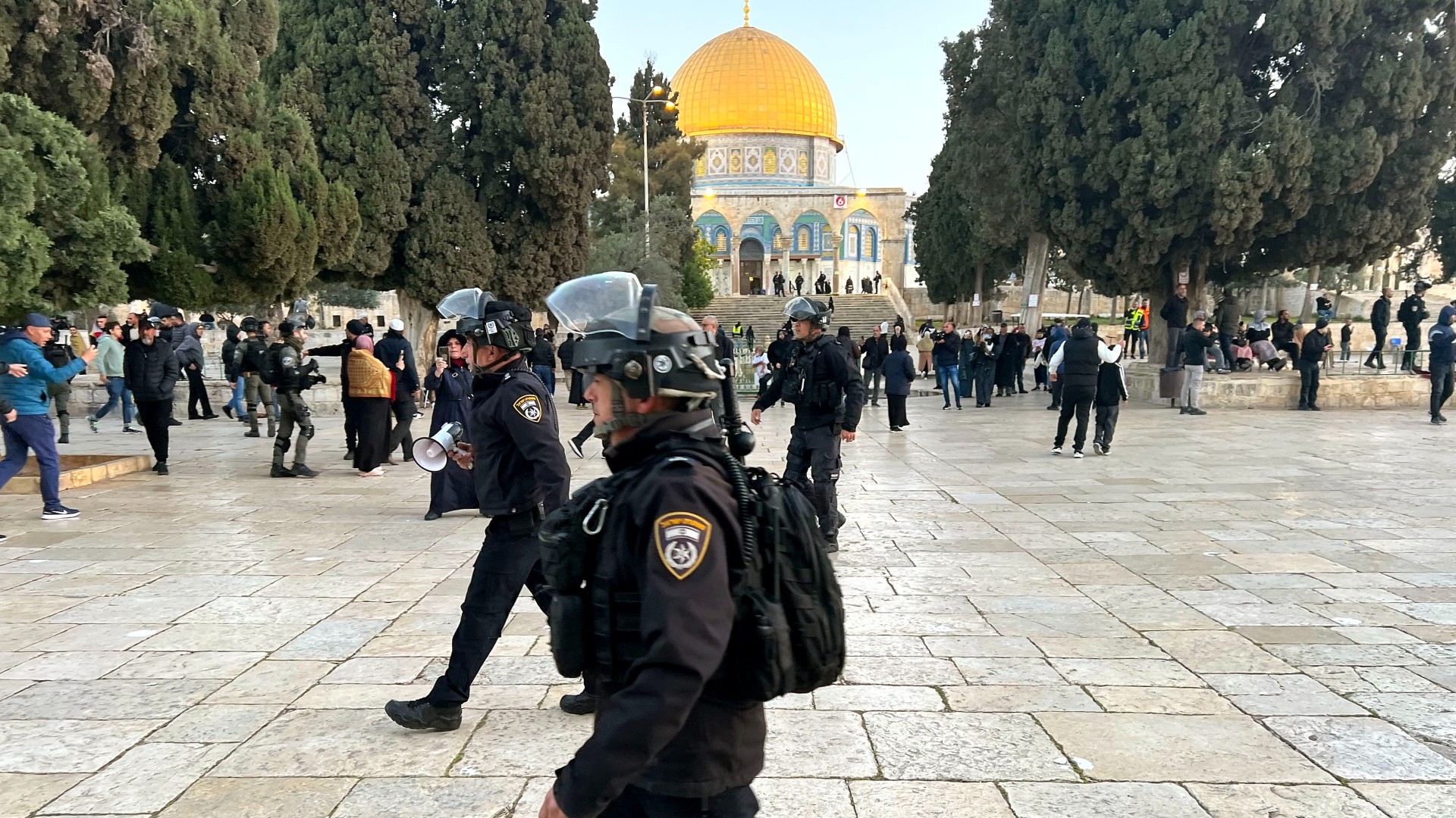 Israeli police inside the Al-Aqsa mosque compound in occupied East Jerusalem on 5 April 2023 (AFP)