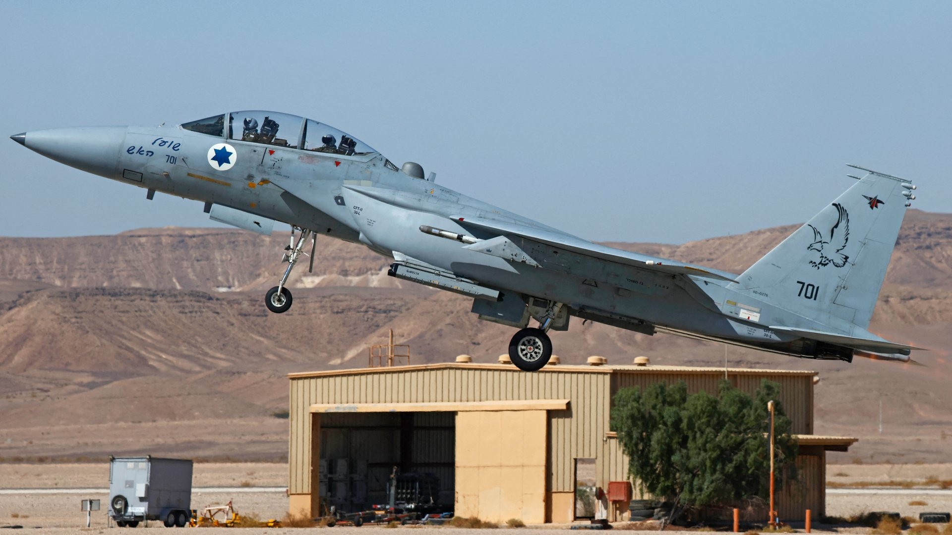 An Israeli air force F-15 fighter takes off during a multinational air defence exercise at the Ovda air force base, north of the Israeli city of Eilat, on 24 October 2021.