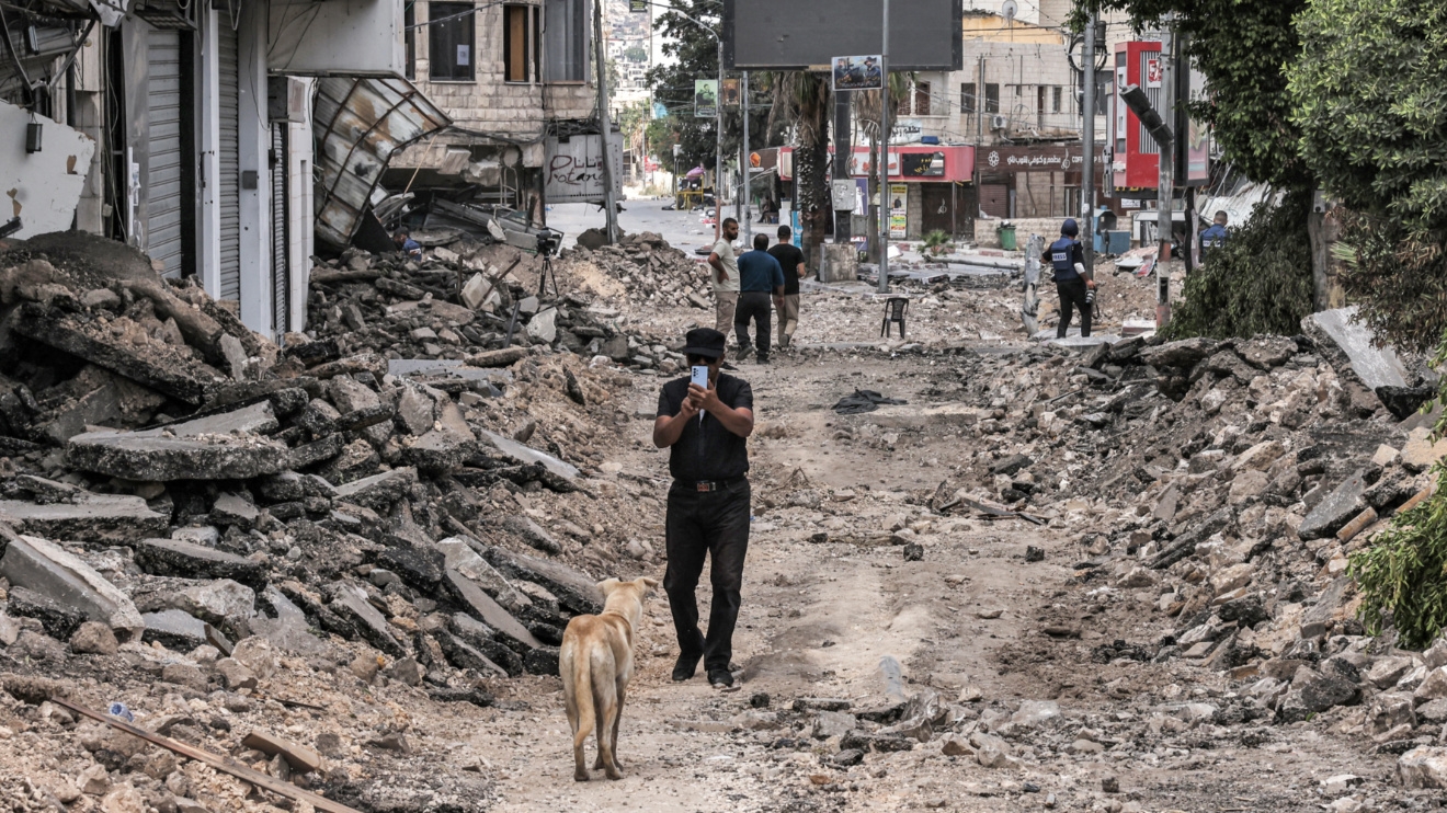 A dog walks towards a man in Jenin, occupied West Bank amid destruction and excavations left by the Israeli army on 4 September, 2024 (Zain Jaafar/AFP)