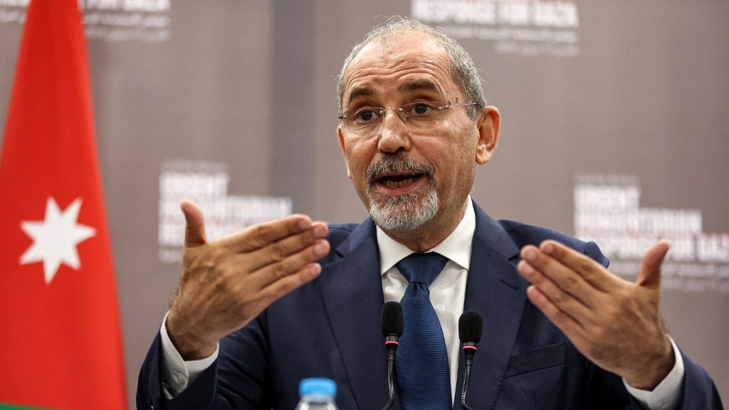 Jordanian Foreign Minister Ayman Safadi speaks at a conference at the Dead Sea on 11 June 2024 (Khalil Mazraawi/AFP)