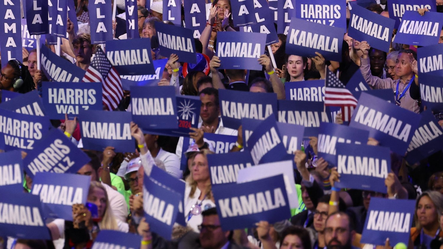 ks on stage during the final day of the Democratic National Convention at the United Center on 22 August 2024 in Chicago, Illinois.