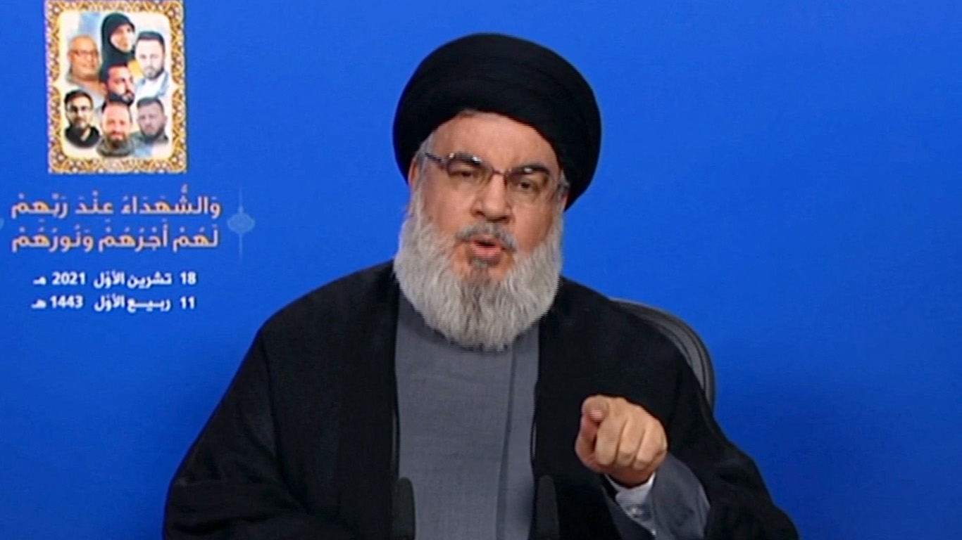 Hezbollah's Hassan Nasrallah delivers a televised speech from an undisclosed location on 18 October 2021.