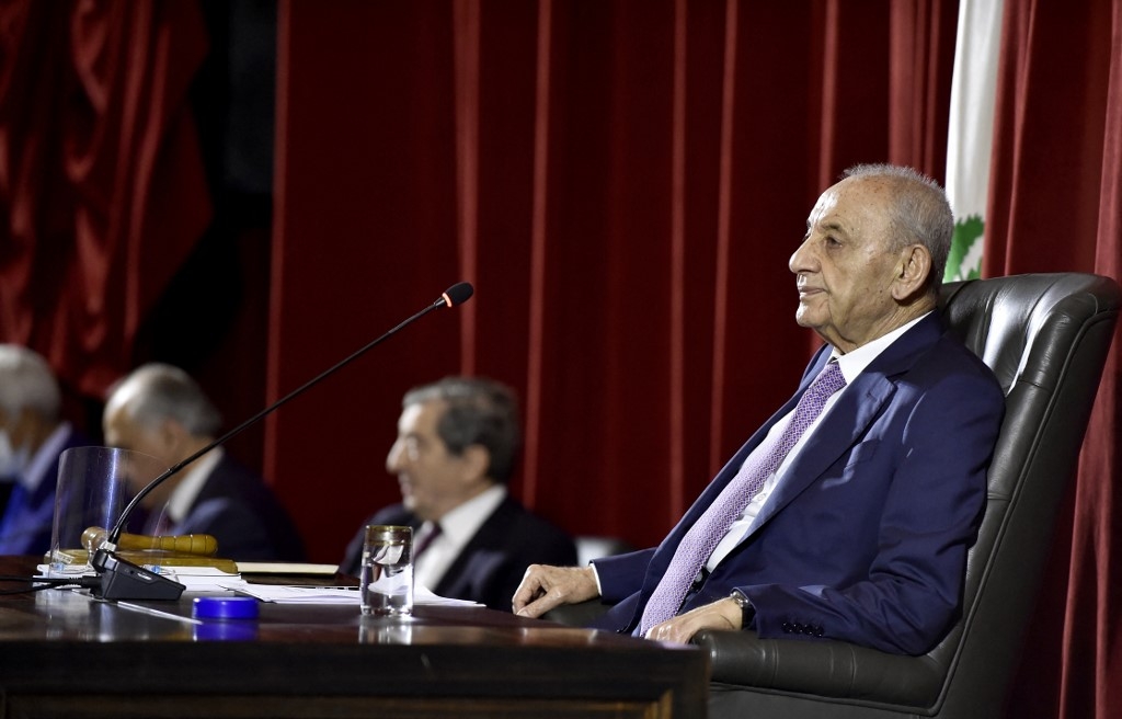 Lebanese parliament speaker Nabih Berri sitting during a vote of confidence session at the parliament in Beirut on 20 September 2021.