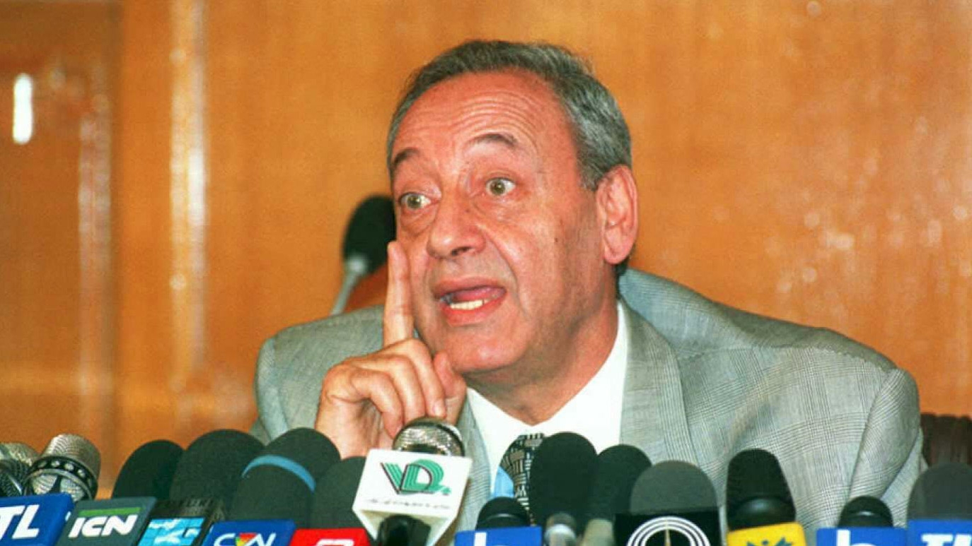 Lebanese Parliament Speaker Nabih Berri pictured at a press conference in Beirut in March 1995 (AFP)