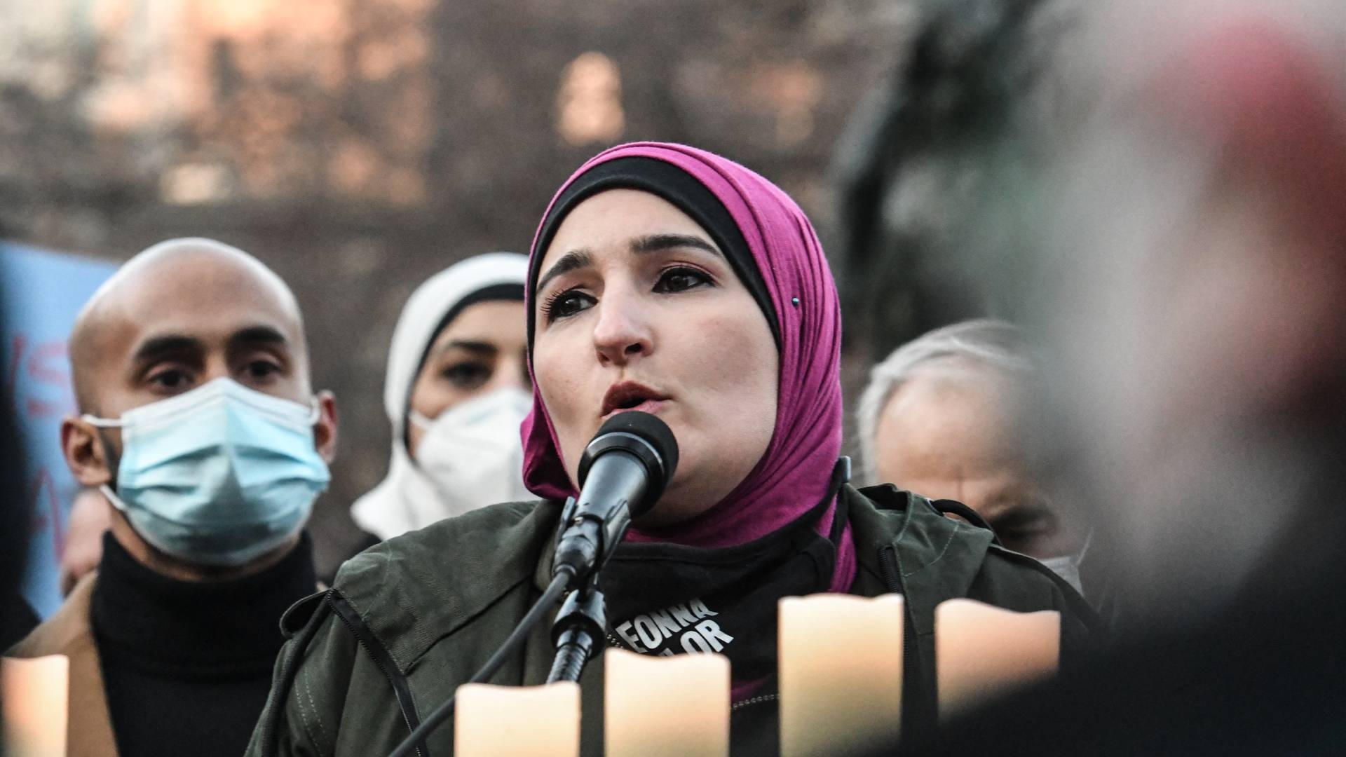 Linda Sarsour speaks during a press conference on 11 March 11, 2021 in Louisville, Kentucky ahead of the one year anniversary of Breonna Taylor's death during a no-knock raid executed by police.