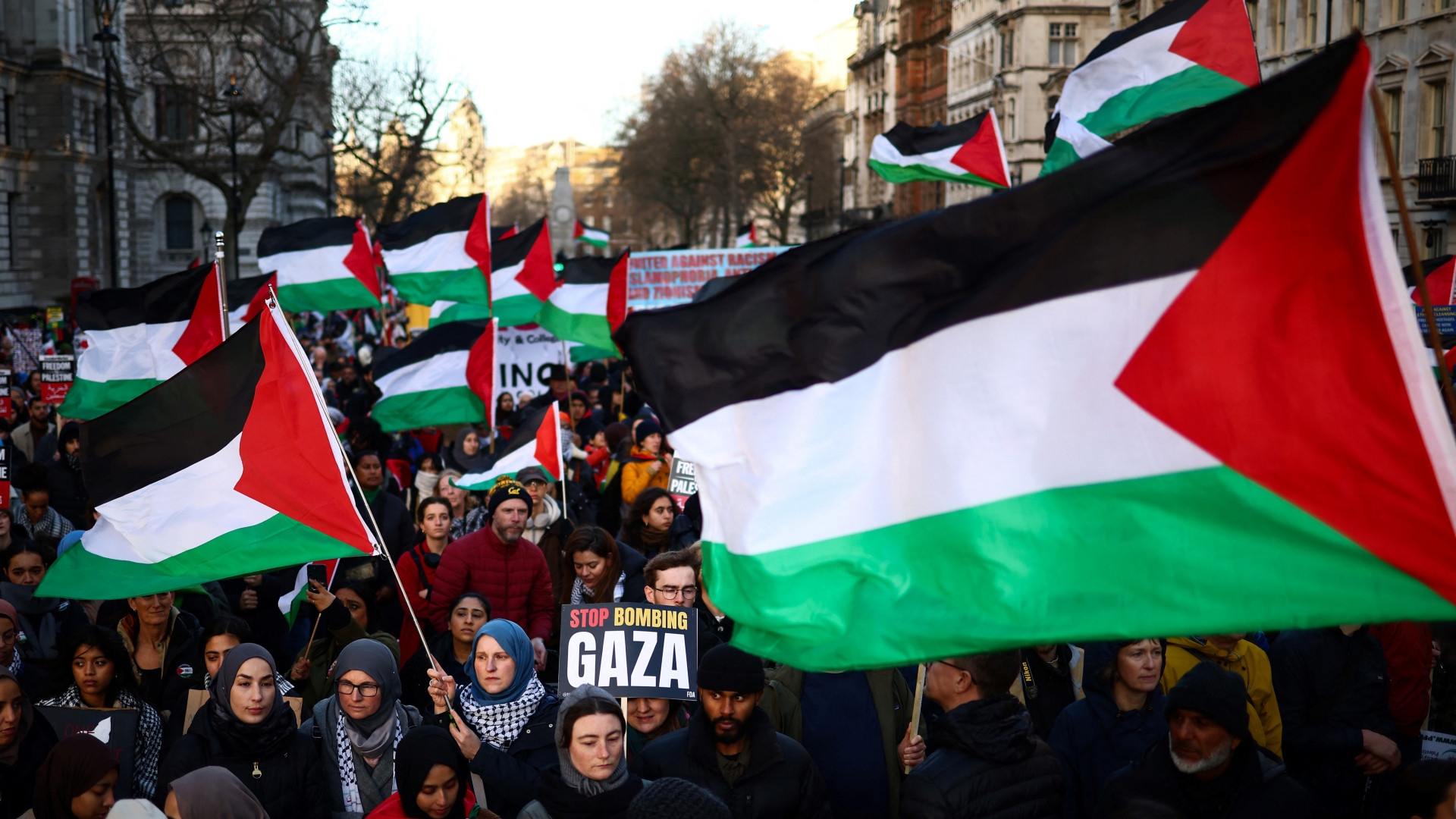 Pro-Palestinian supporters wave flags and call for a ceasefire in Gaza during a National March for Palestine in central London on 9 December 2023 (Henry Nicholls/AFP)