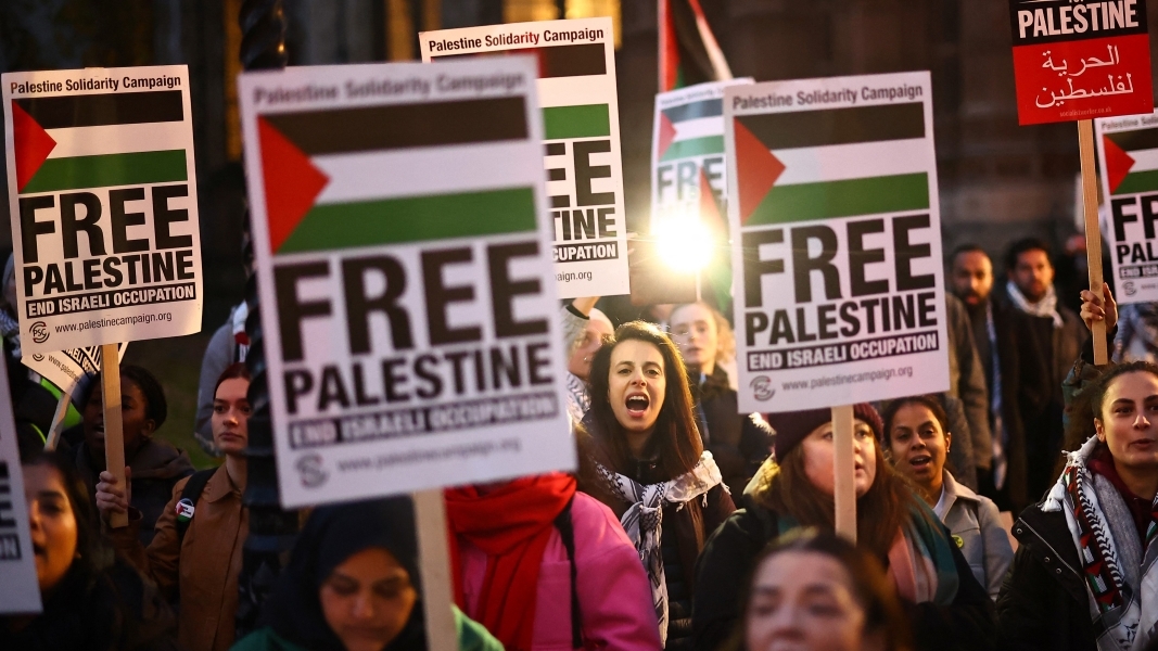 Protesters at a demonstration in London demanding a ceasefire in Gaza on 15 November (AFP/Henry Nicholls).