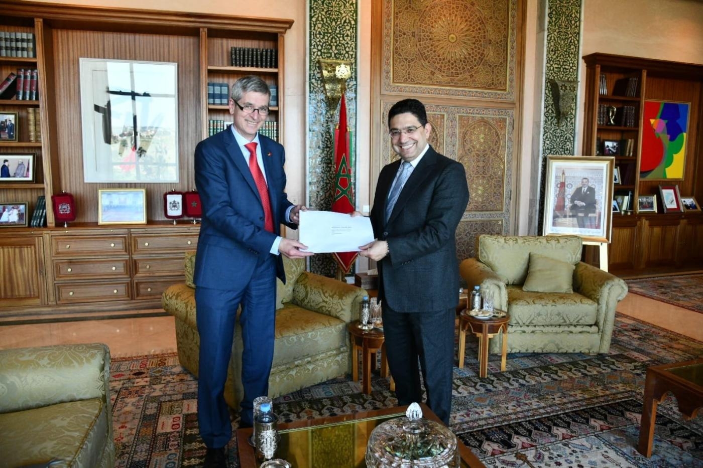 Moroccan Foreign Minister Nasser Bourita receives, on May 6, 2022, the new German Ambassador Robert Dolger (Twitter/@MarocDiplomatie)