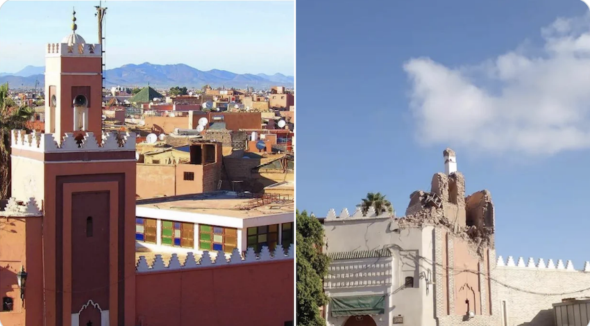 Une partie du minaret de la mosquée Kharbouche a été détruite par le séisme, comme le montrent des images partagées sur les réseaux sociaux (Twitter/@marochebdo)