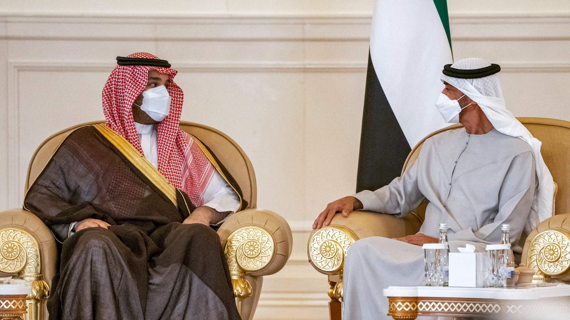 Saudi Arabia's Crown Prince Mohamed bin Salman offering condolences to Sheikh Mohamed bin Zayed al-Nahyan, UAE president, in Abu Dhabi on 16 May 2022.