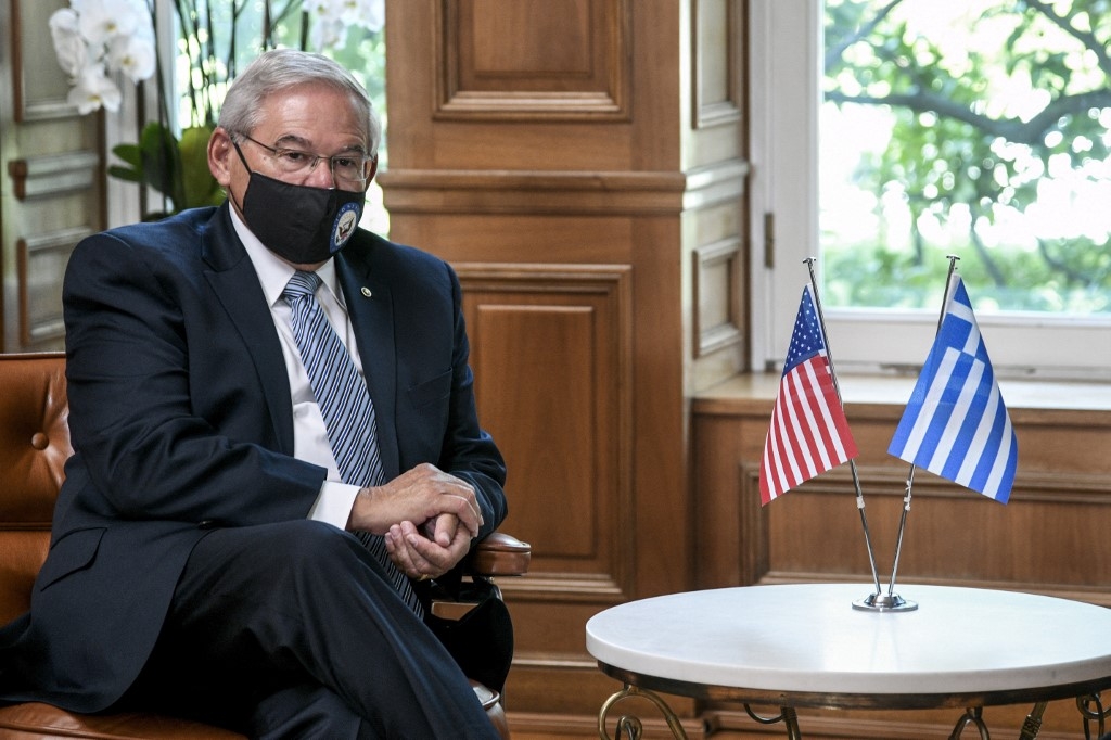 Senator Bob Menendez meets with Greek Prime Minister Kyriakos Mitsotakis at the Maximos Mansion in Athens, on 26 August 2021.
