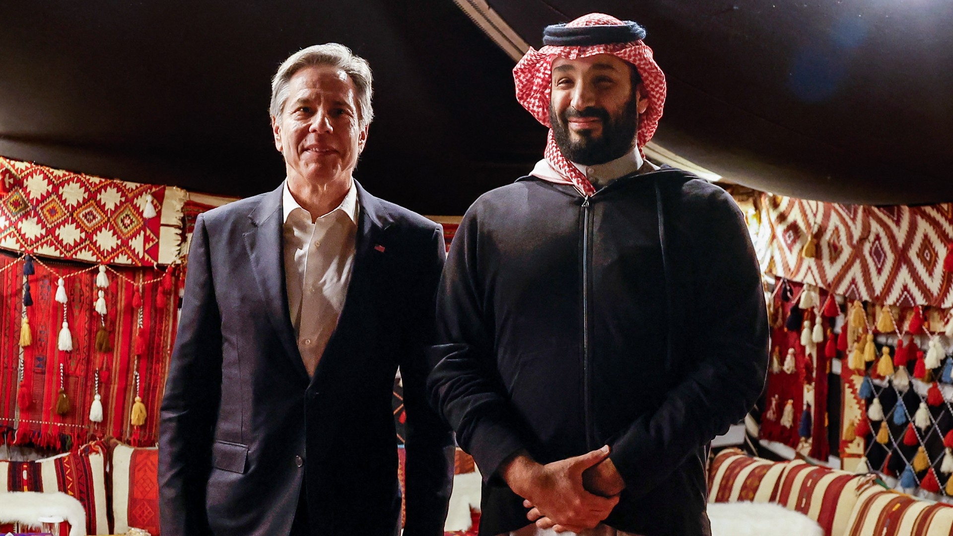 US Secretary of State Antony Blinken meets with Saudi Crown Prince Mohammed bin Salman at al-Ula in northwestern Saudi Arabia on 8 January 2024 (AFP/Evelyn Hockstein)