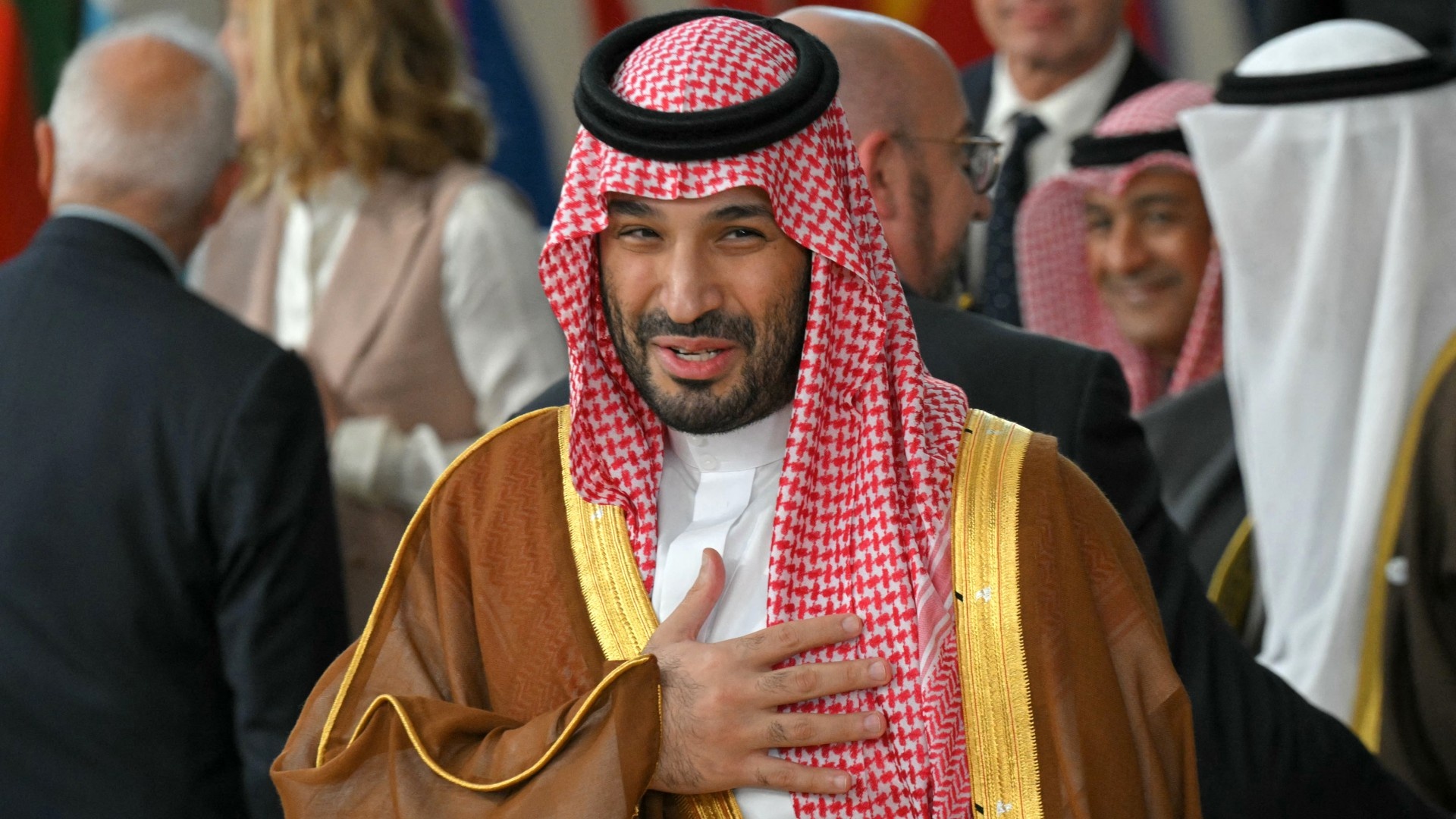 Saudi Crown Prince Mohammed bin Salman gestures during a Gulf Cooperation Council (GCC) summit in Brussels on 16 October 2024 (AFP/Nicolas Tucat)