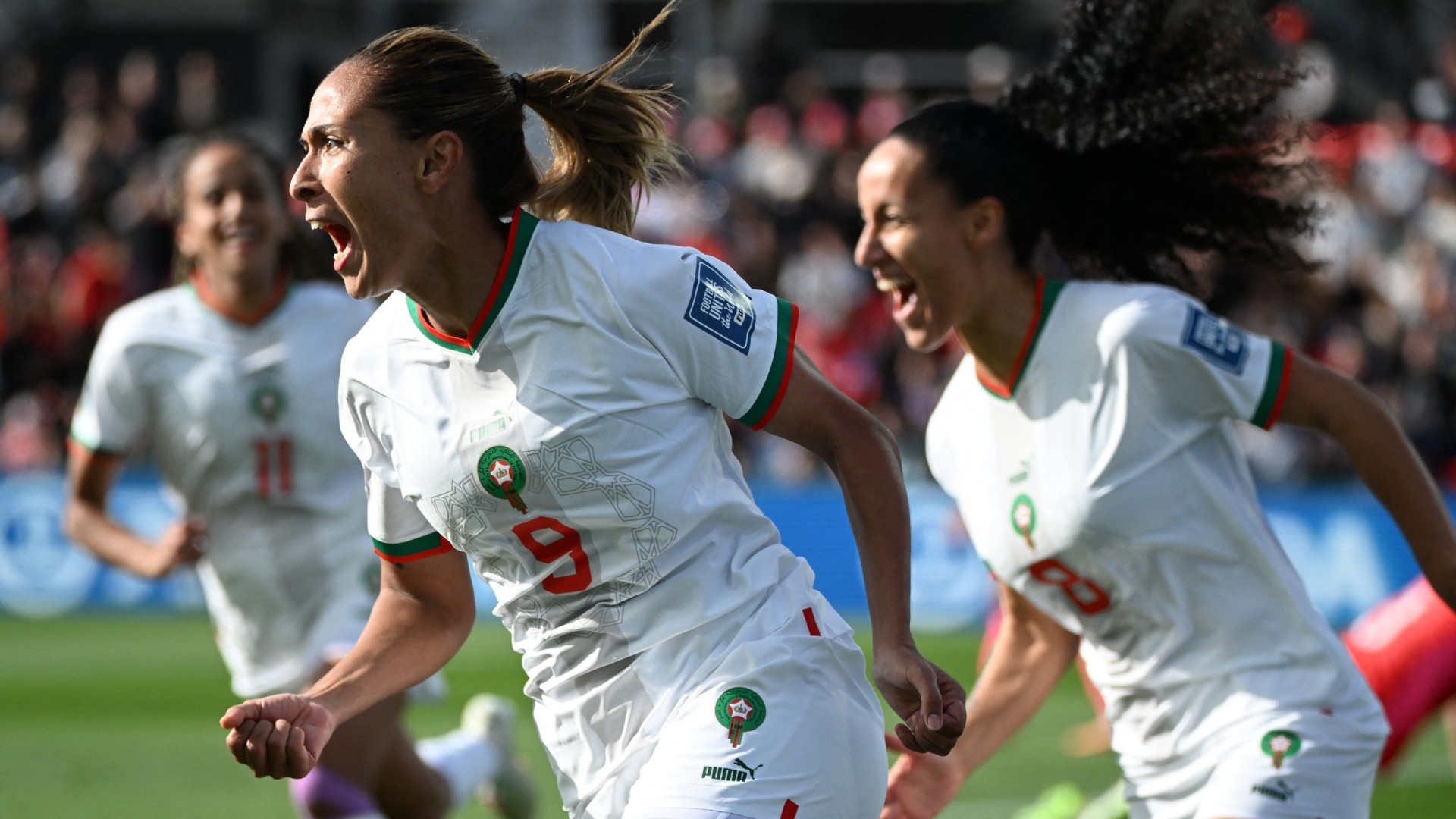 Morocco's forward Ibtissam Jraidi celebrates scoring her team's first goal during their Women's World Cup group match against South Korea at Hindmarsh Stadium in Adelaide, Australia, on 30 July 2023 (AFP)