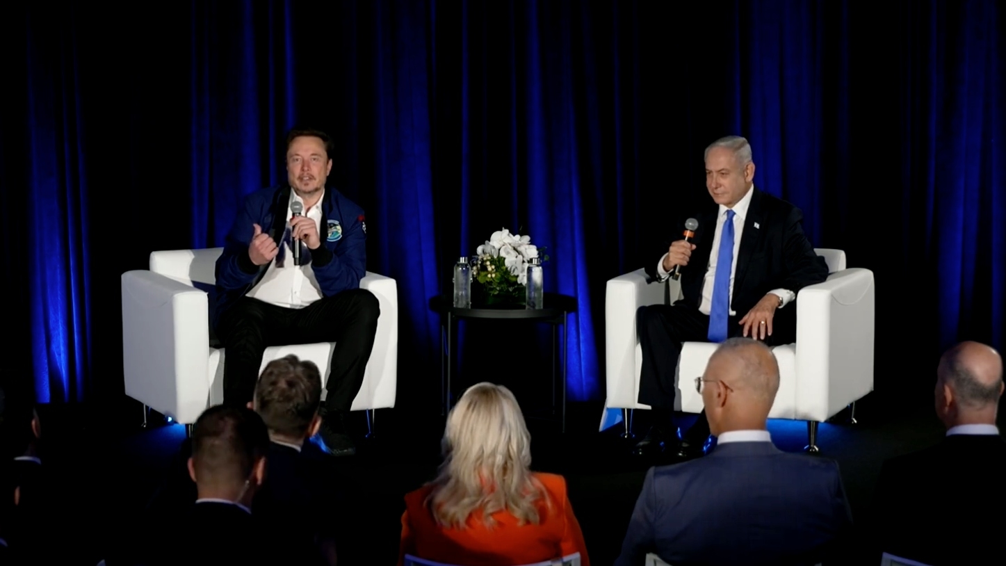 Elon Musk and Israeli Prime Minister Benjamin Netanyahu speak during a one-on-one session on 18 September 2023.