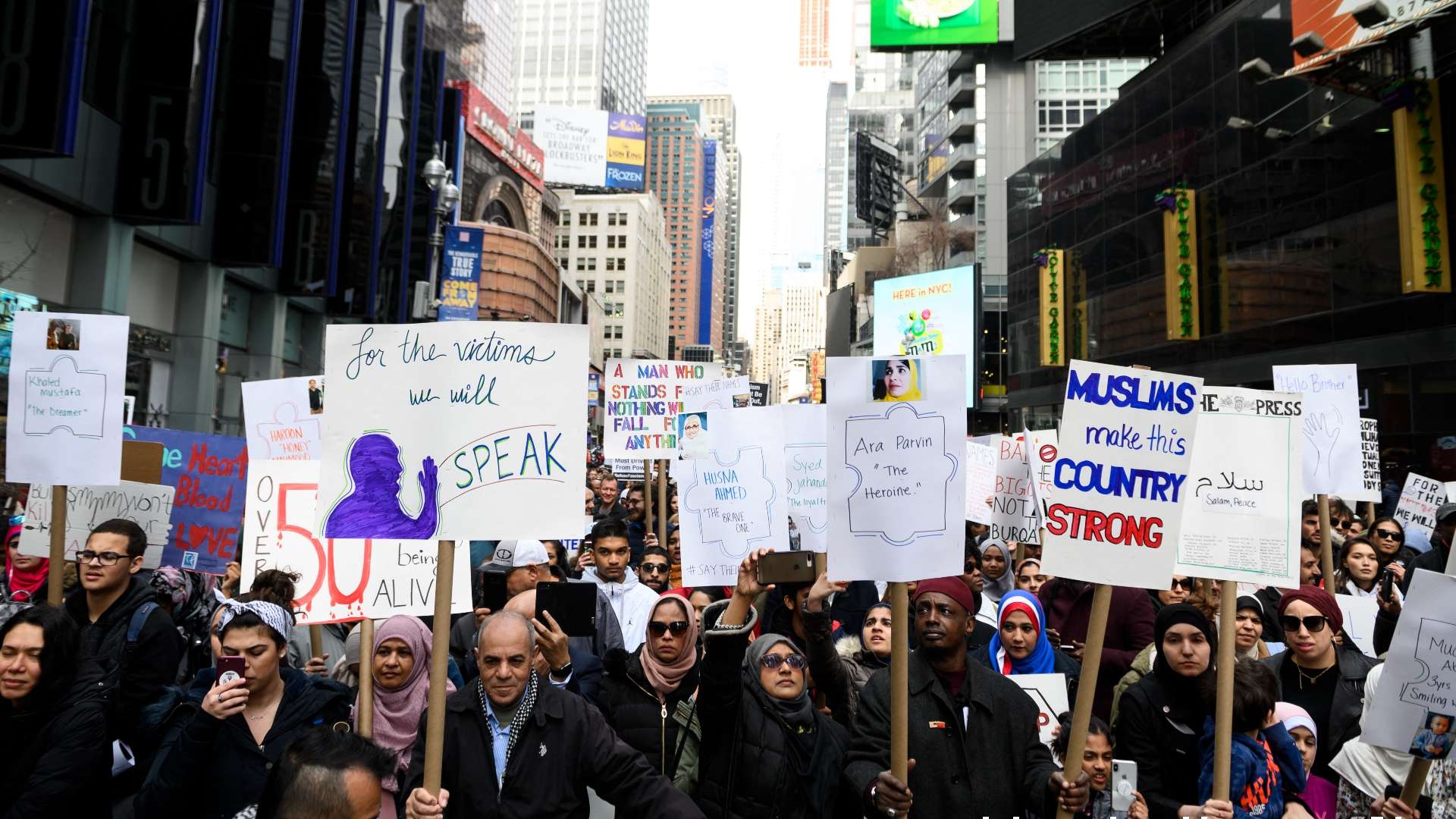 Demonstrators take part in a protest against growing Islamophobia, white supremacy, and anti-immigrant bigotry following the attacks at Christchurch New Zealand on 24 March 2019 at the Time Square in New York City.
