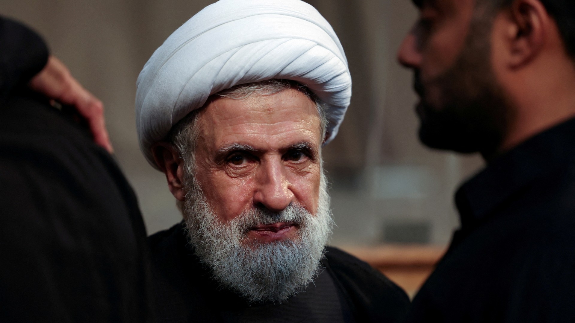 Naim Qassem accepts condolences for the death of Hezbollah senior commander Fuad Shukr in Beirut's southern suburbs, 2 August (Reuters/Mohamed Azakir)