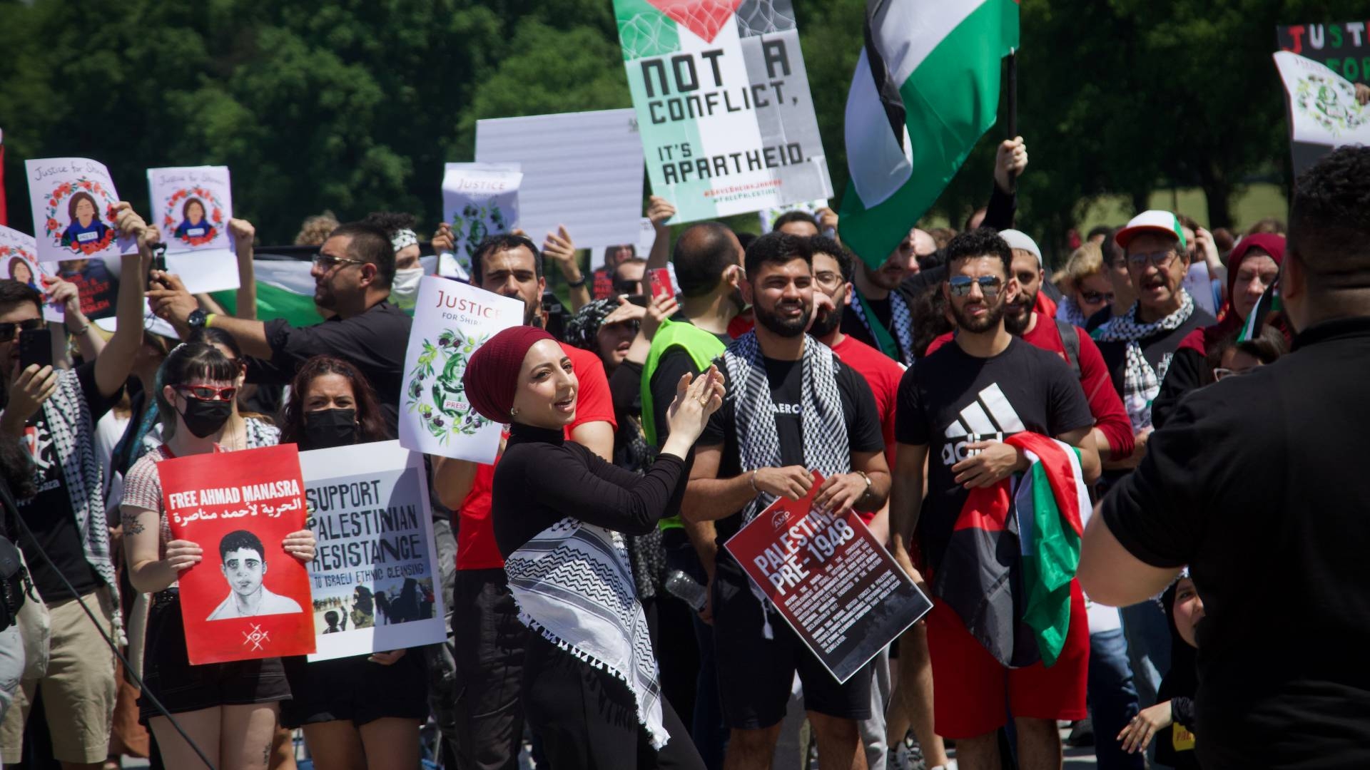 Pro-Palestinian activists gather in Washington on 15 May 2022 to commemorate the anniversary of the Nakba, the forced expulsion of Palestinians from their homes by Zionist paramilitaries.