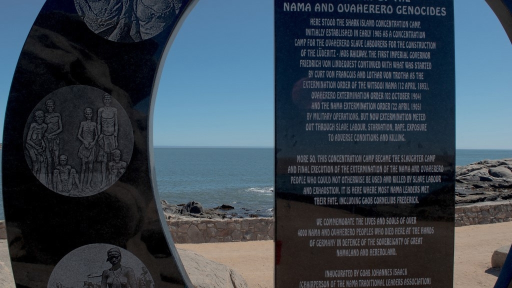 A genocide memorial, which stands on the Shark Island peninsula near Luderiz, Namibia, is pictured on 24 April 2023 (Hildegard Titus/AFP)