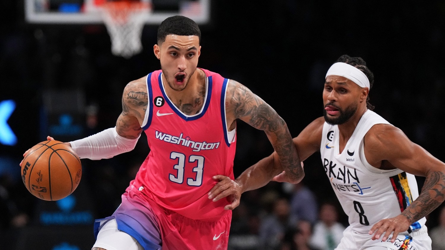 Kyle Kuzma #33 of the Washington Wizards drives to the basket during the first half against the Brooklyn Nets at Barclays Center on 4 February 2023 in New York City.
