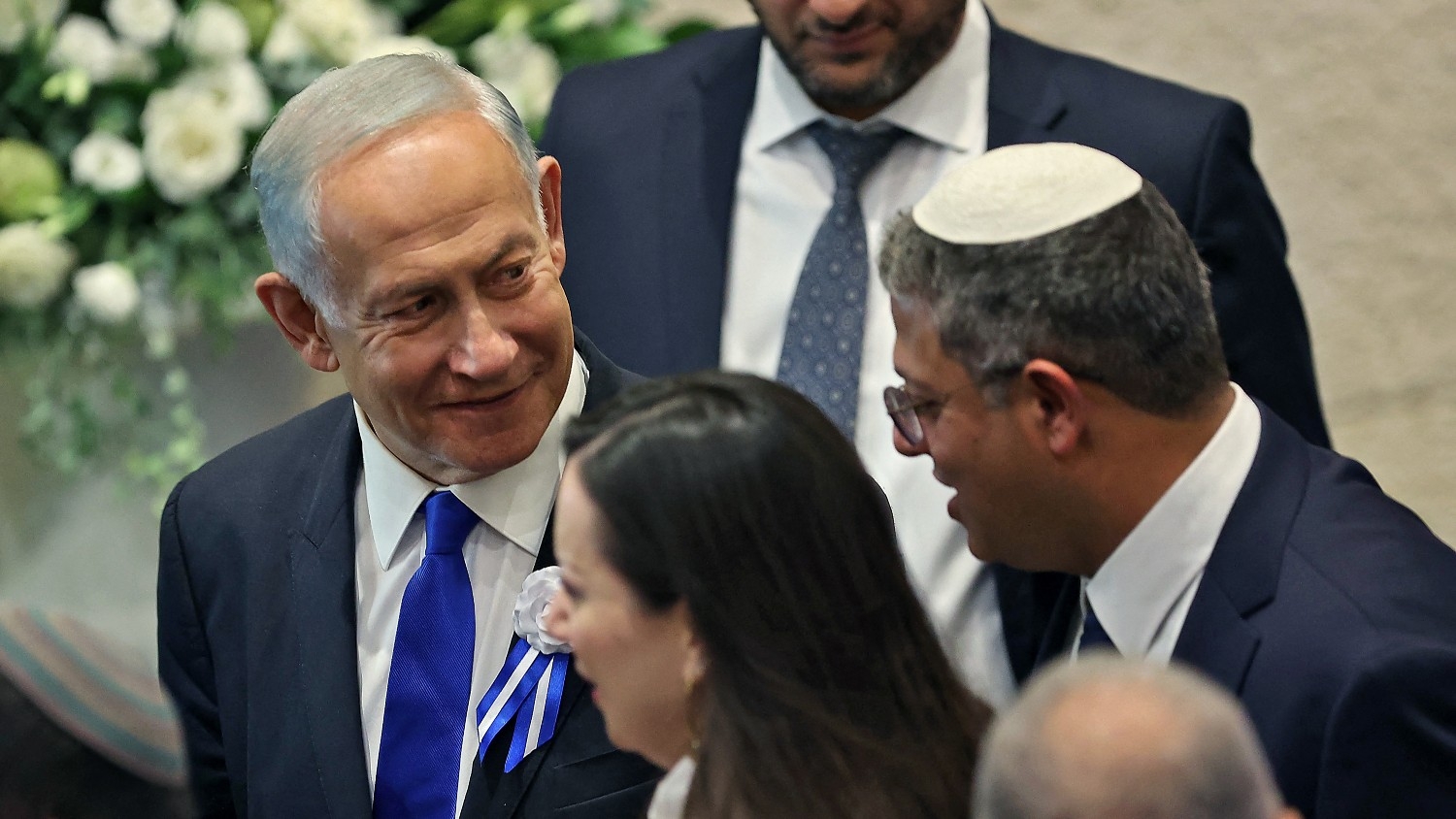 Israeli right-wing Knesset member Itamar ben Gvir chats with incoming Prime Minister Benjamin Netanyahu on 15 November 2022