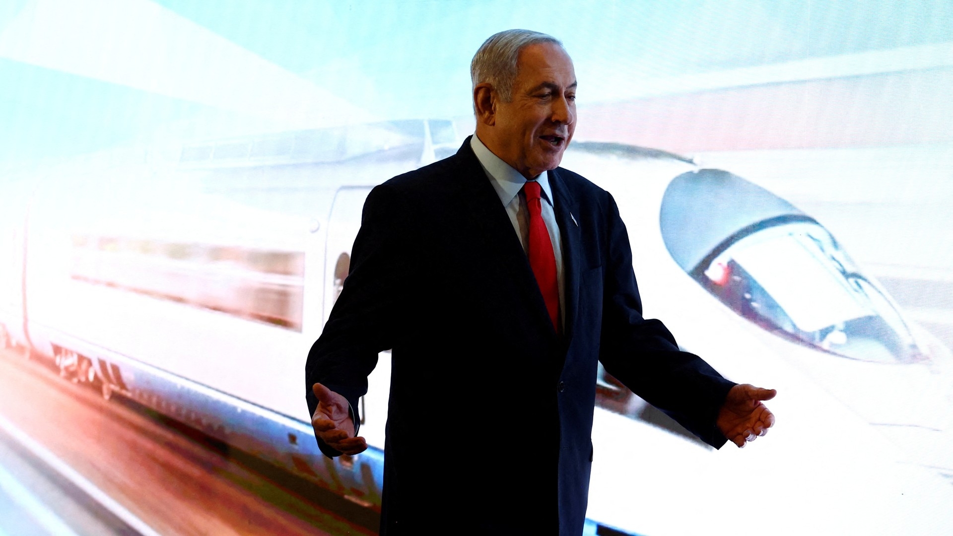 Israeli Prime Minister Benjamin Netanyahu gestures during a press conference in Jerusalem on 30 July 2023 (Reuters)