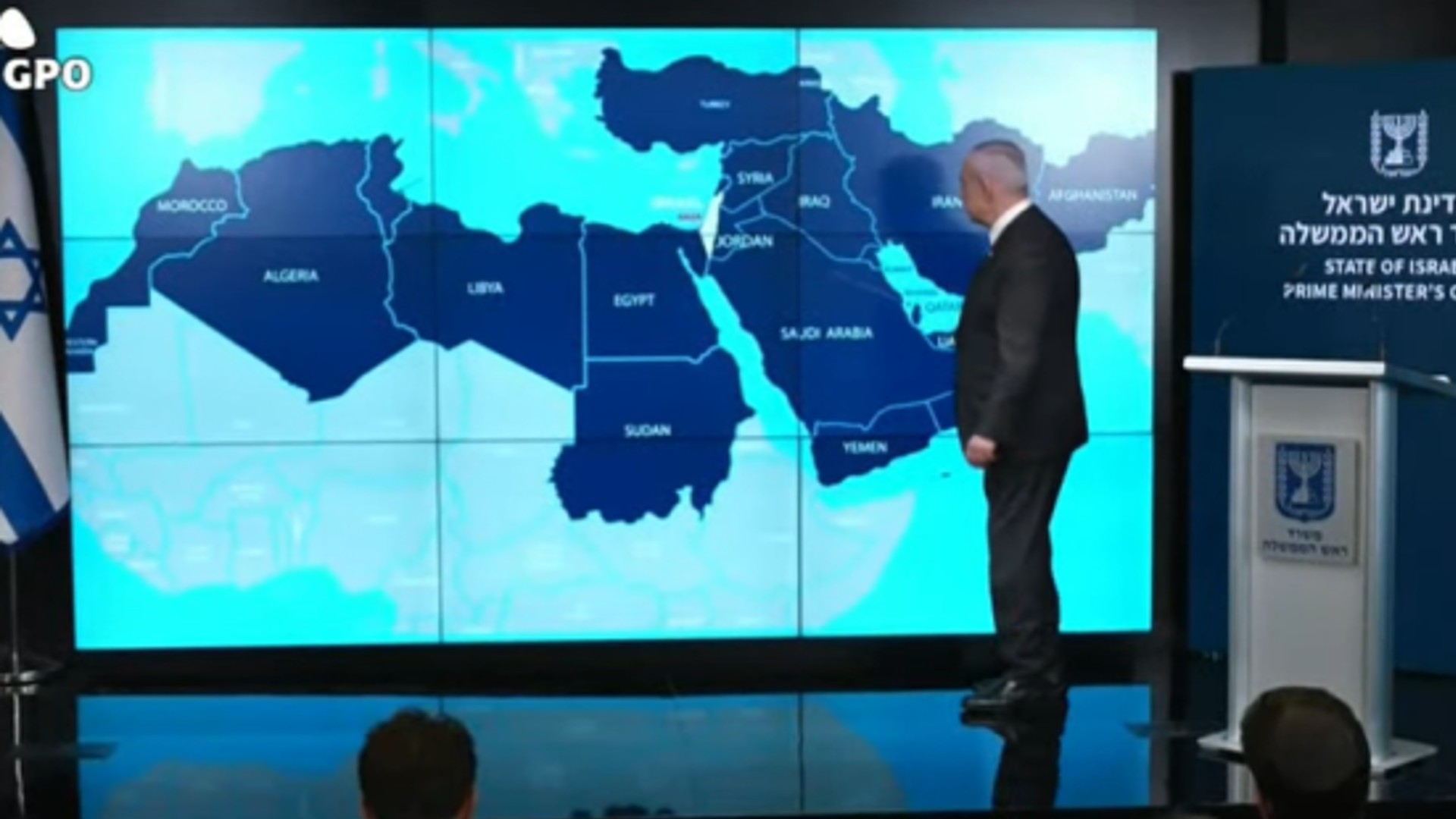 Israeli Prime Minister Benjamin Netanyahu shows a map of the Middle East and North Africa during a press conference on 2 September 2024 (Screengrab)