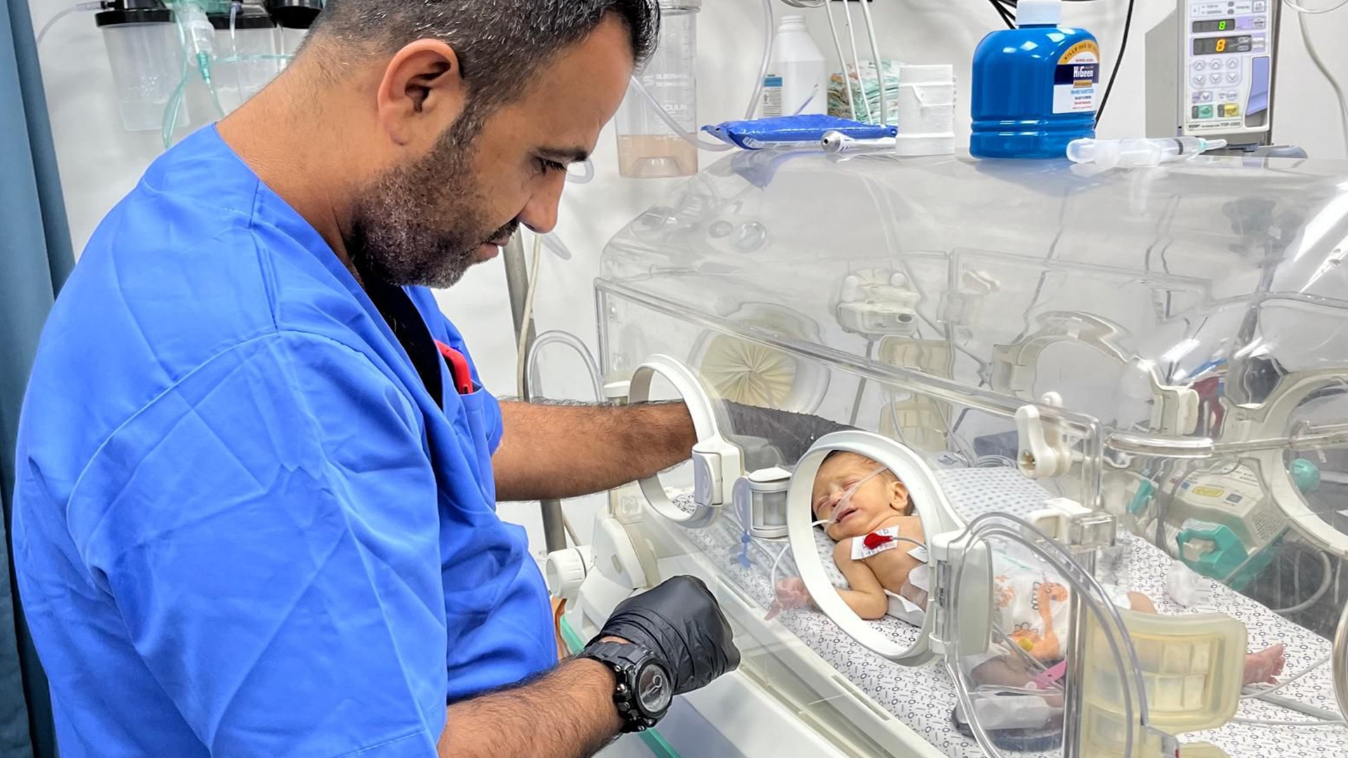 Newborn babies who were evacuated from the neo-natal intensive care unit at Kamal Adwan Hospital in north Gaza. They were evacuated to the Patients Friends Hospital in Gaza City (Medical Aid for Palestinians)