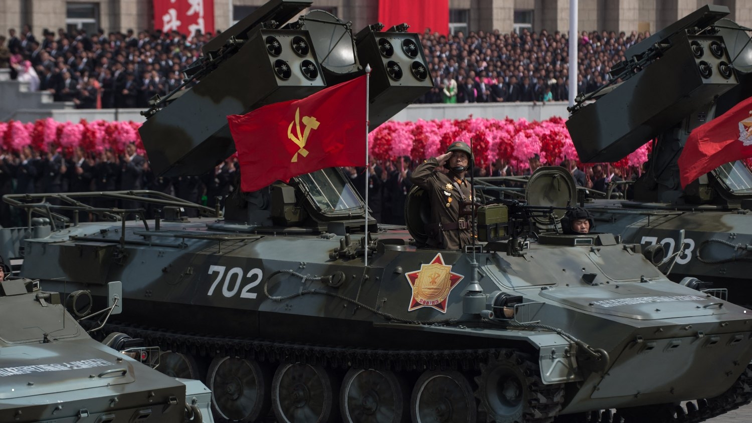 Unidentified North Korean mobile missile launchers displayed during a parade marking the 105th anniversary of the birth of late North Korean leader Kim Il-Sung, in Pyongyang on 15 April 2017.