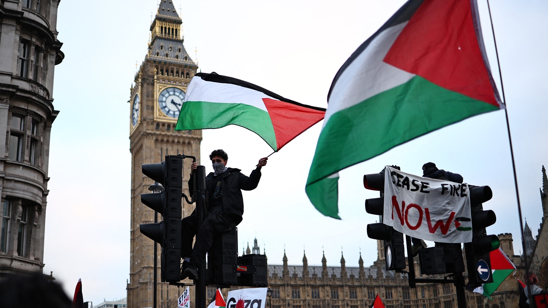 A pro-Palestinian supporter waves a Palestinian flag during a protest in central London on 13 January 2024 (AFP/Henry Nicholls)