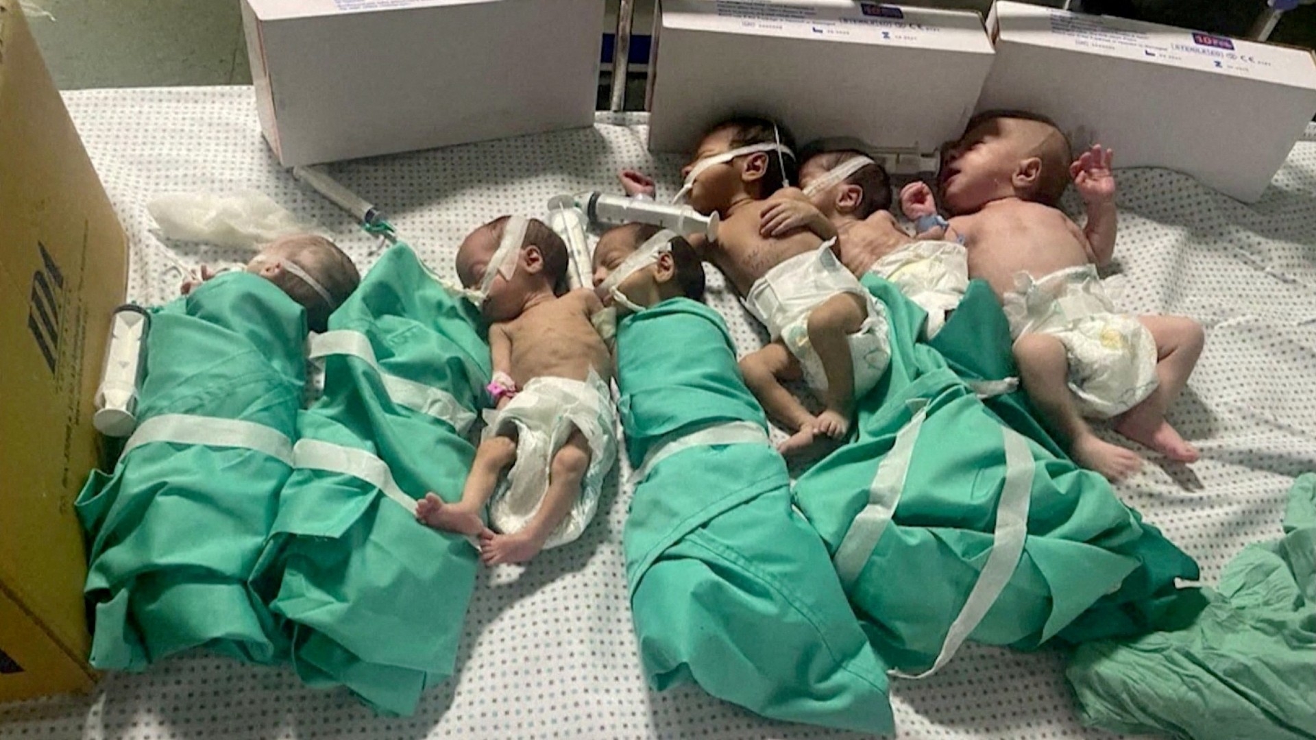 Newborns are placed in bed after being taken off incubators in Gaza's Al Shifa hospital after power outage, amid the ongoing conflict between Israel and the Palestinian Islamist group Hamas, in Gaza City, Gaza November 12, 2023 in this still image obtained by REUTERS. 