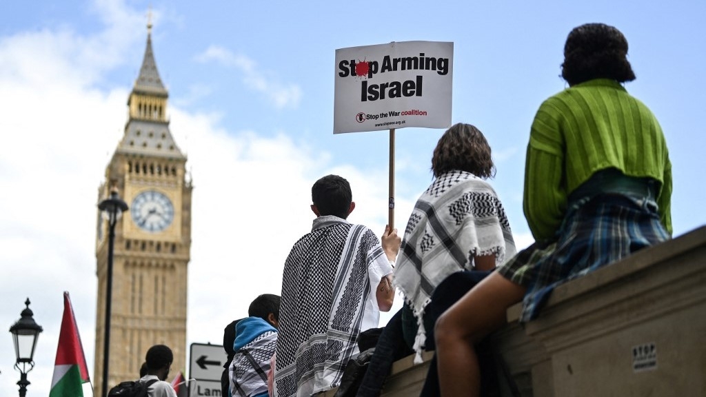 Pro-Palestine protesters outside the Houses of Parliament (AFP)