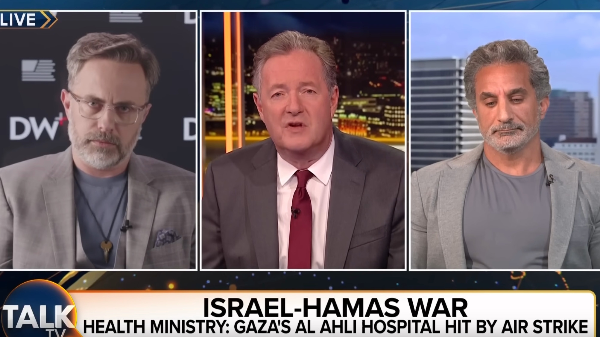 Sky News talk show host Piers Morgan, centre, interviews Egyptian comedian Bassem Youssef, right, and Jeremy Boreing, co-founder of the conservative American news website, The Daily Wire, on the Israel-Palestine war on 17 October 2023 (Screengrab) 