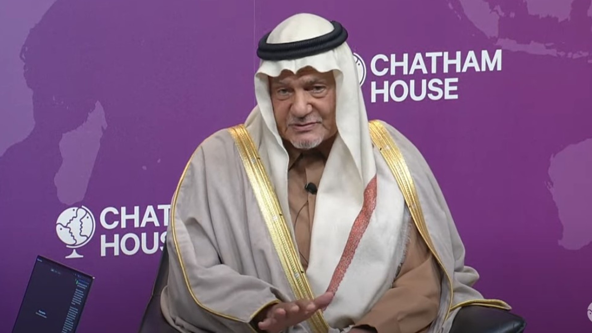 Prince Turki al-Faisal speaks during a discussion hosted by Chatham House in London on 13 September 2024 (Screengrab/Chatham House)