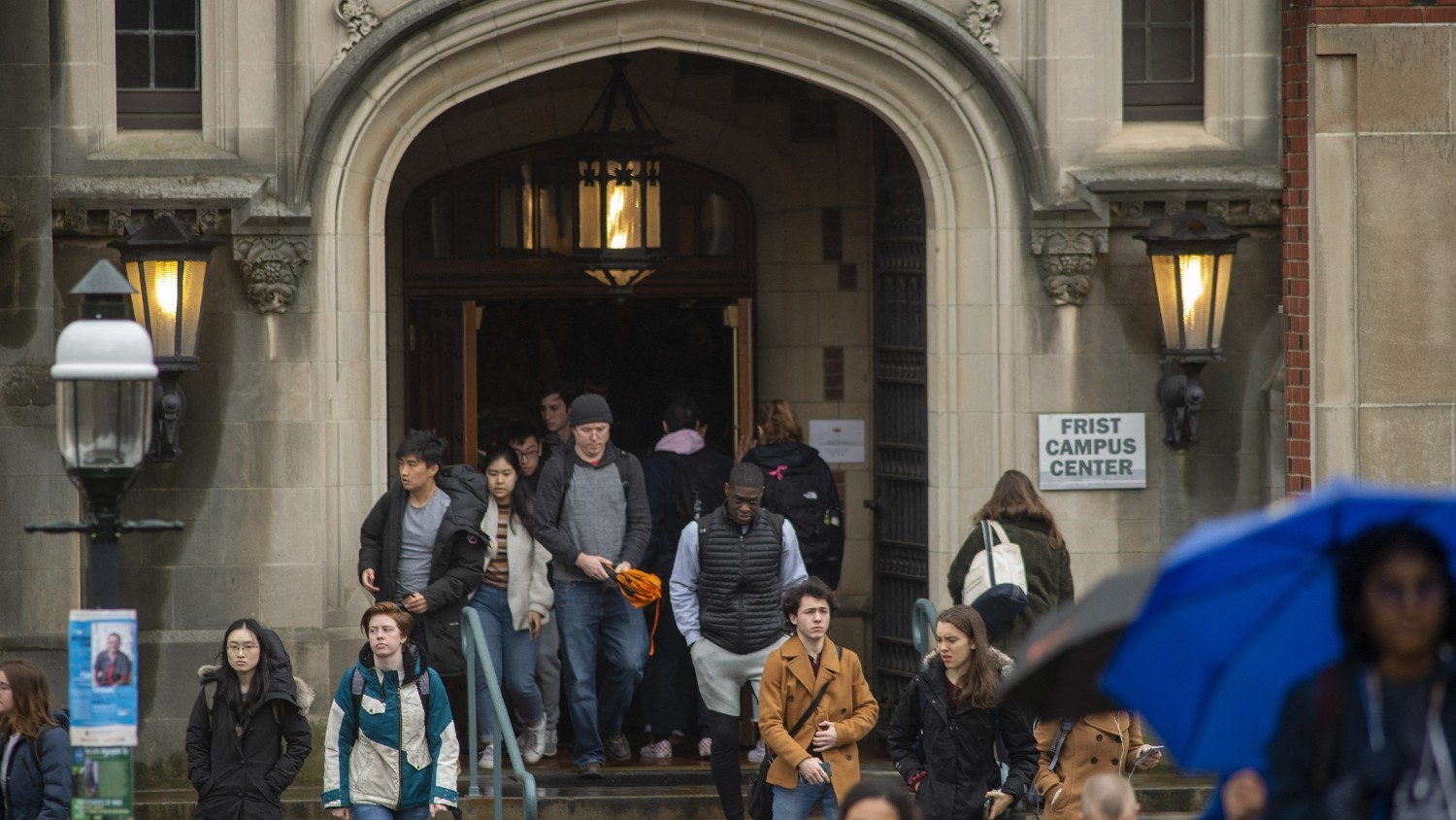 Students exit a building between classes at Princeton University on 4 February 2020 in Princeton, New Jersey.