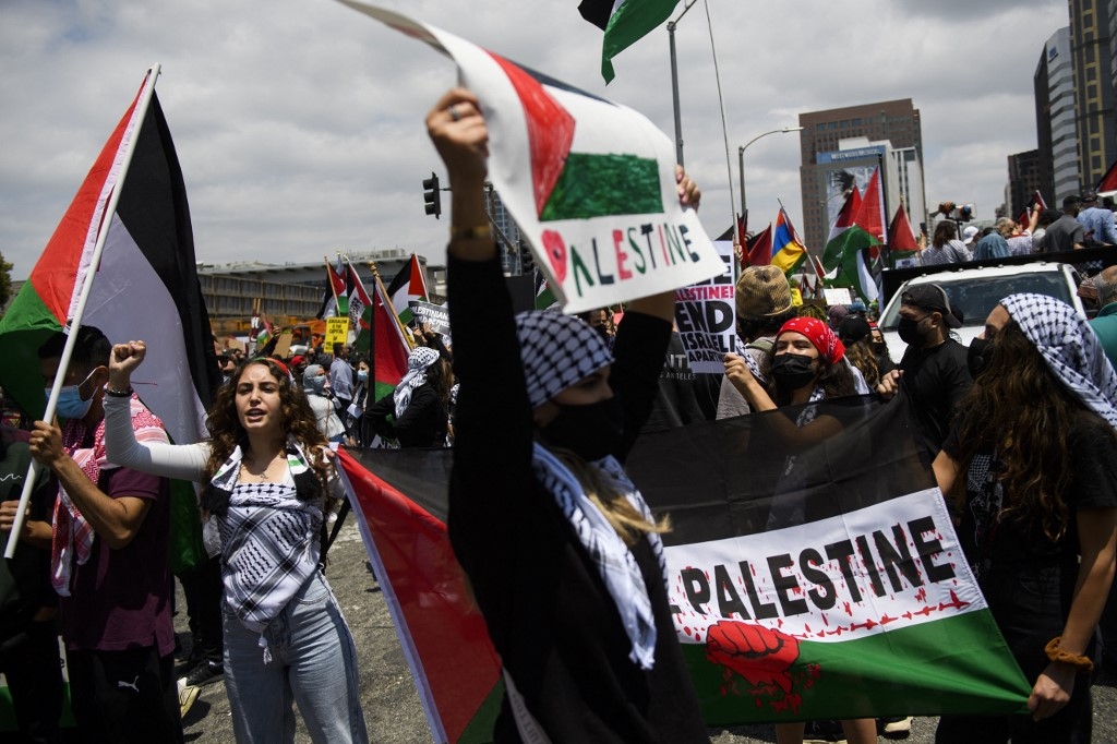 People demonstrate in support of Palestine in Los Angeles, California on 15 May 2021.