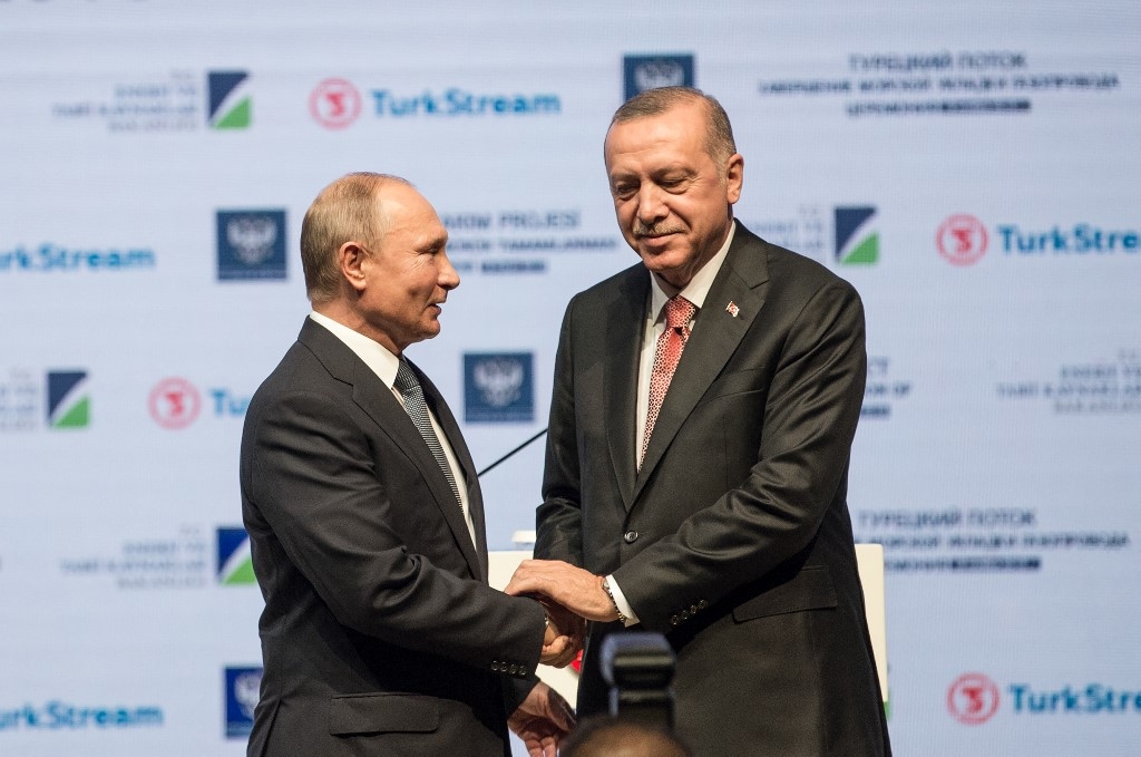 Russian President Vladimir Putin (L) and Turkish President Recep Tayyip Erdogan (R) attend the inauguration ceremony of a new gas pipeline "TurkStream" on 8 January 2020, in Istanbul (AFP)