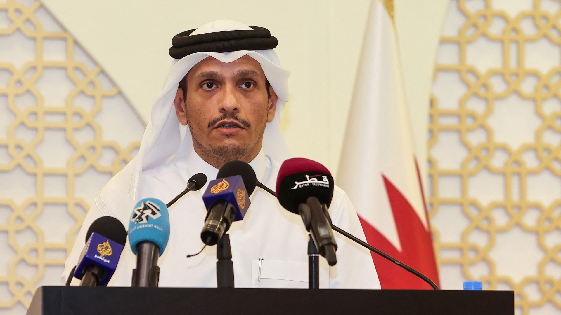 Qatari Foreign Minister Sheikh Mohammed bin Abdulrahman Al-Thani during a press briefing in Doha on 30 September 2021 (AFP)