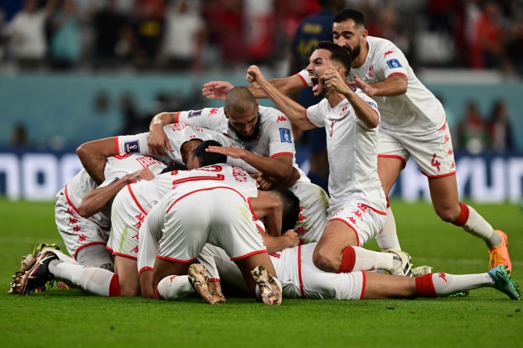 Mercredi 30 novembre à Doha. La Tunisie est éliminée de la Coupe du monde mais gagne 1 à 0 contre la France sur un but du n°10 tunisien Wahbi Khazri (AFP/Miguel Medina)