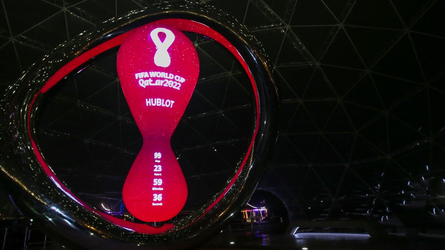 A picture shows a view of the Qatar 2022 FIFA World Cup countdown clock as it nears marking a hundred days, in the capital Doha on 12 August 2022.