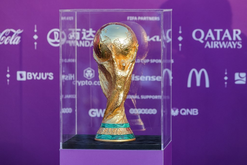 This picture taken on 10 May 2022 shows a view of the FIFA World Cup Trophy while on display at the Katara cultural village in Qatar's capital Doha (AFP)
