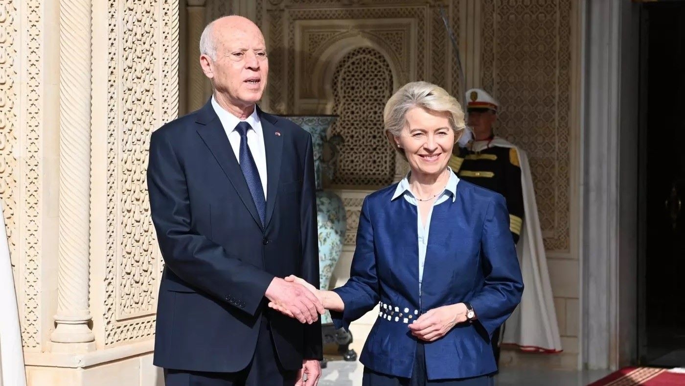 Tunisia's President Kais Saied and European Commission President Ursula von der Leyen agree a deal on migration in Tunis in July 2023 (Reuters)