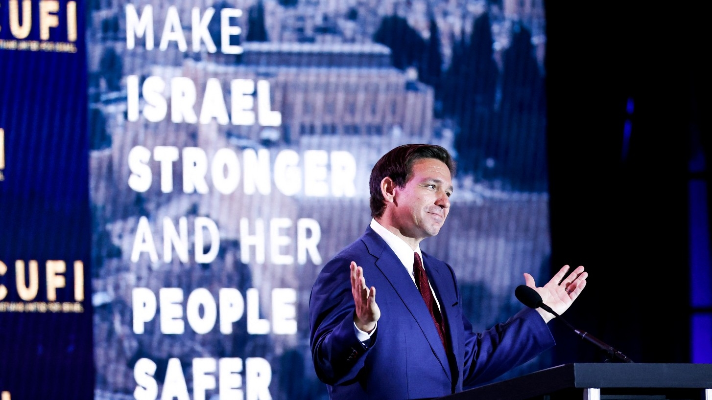 Republican presidential candidate and Florida Governor Ron DeSantis delivers remarks at 2023 Christians United for Israel summit in Arlington, Virginia, on 17 July 2023.