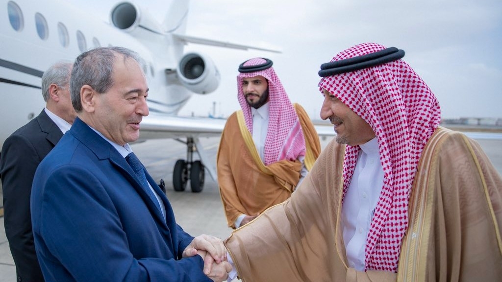 Saudi Vice Minister of Foreign Affairs Waleed El Khereiji receives Syrian Foreign Minister Faisal Mekdad upon his arrival at King Abdulaziz Airport in Jeddah, Saudi Arabia on 12 April 2023 (Saudi Ministry of Foreign Affairs/Twitter)