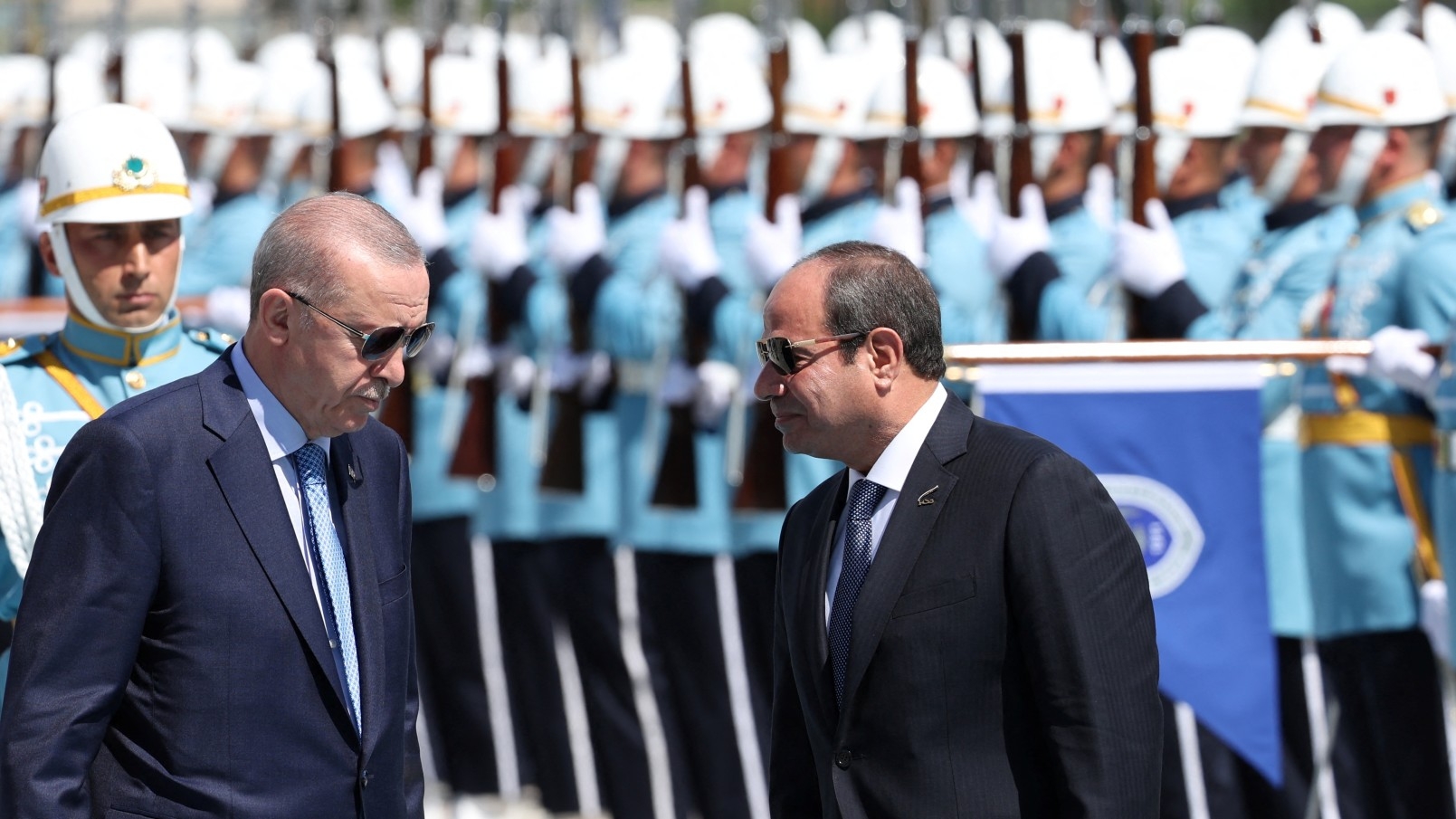 Turkish President Tayyip Erdogan and Egyptian President Abdel Fattah el-Sisi review a guard of honour during a welcoming ceremony at the Presidential Palace in Ankara, Turkey 4 September 2024 (Reuters/Murad Sezer)