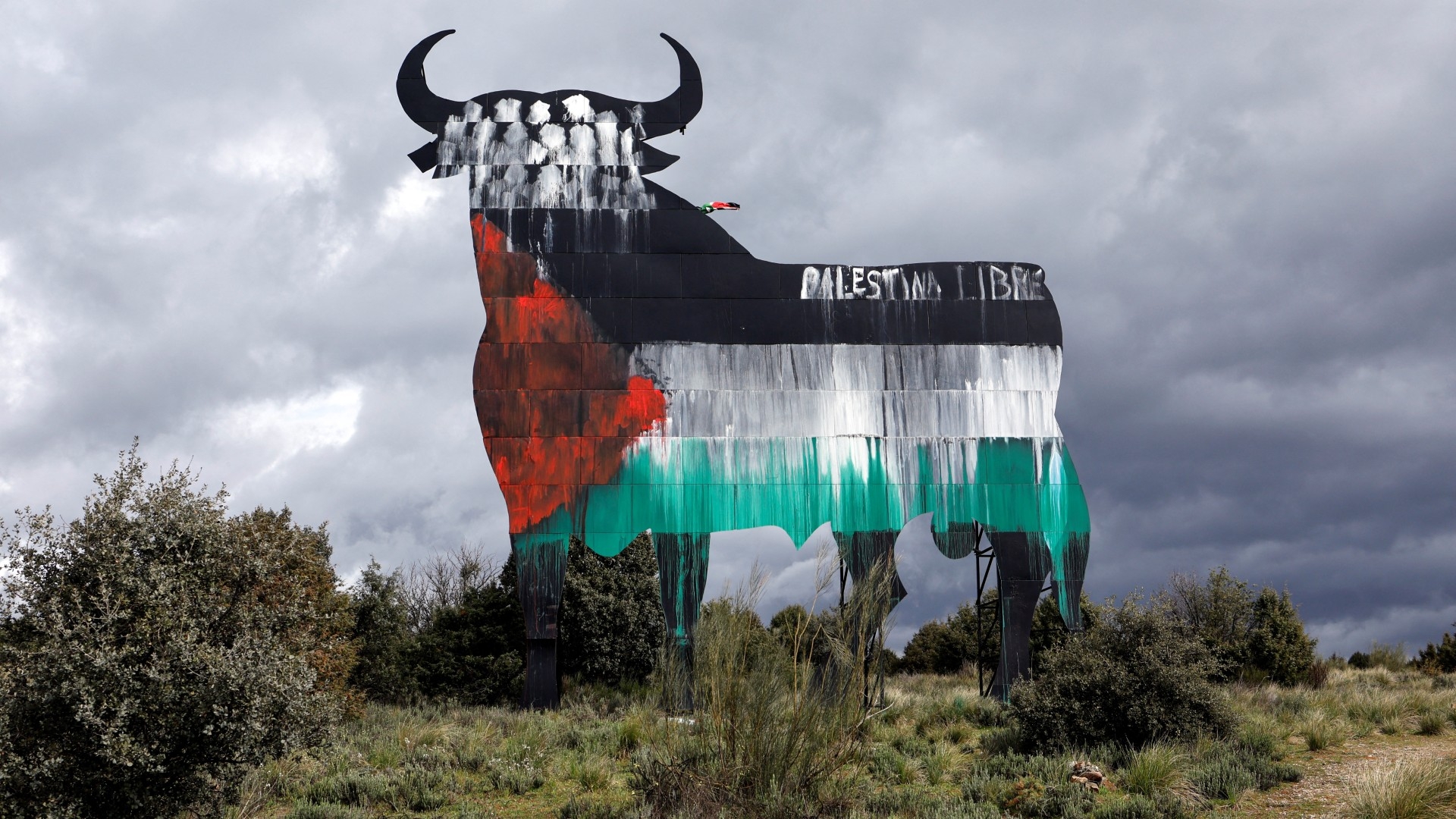 Spain's iconic Osborne Bull billboards were painted with the Palestinian flag and the message "Free Palestine" in Cabanillas de la Sierra, near Madrid, on 7 March 2024 (AFP/Oscar del Pozo)