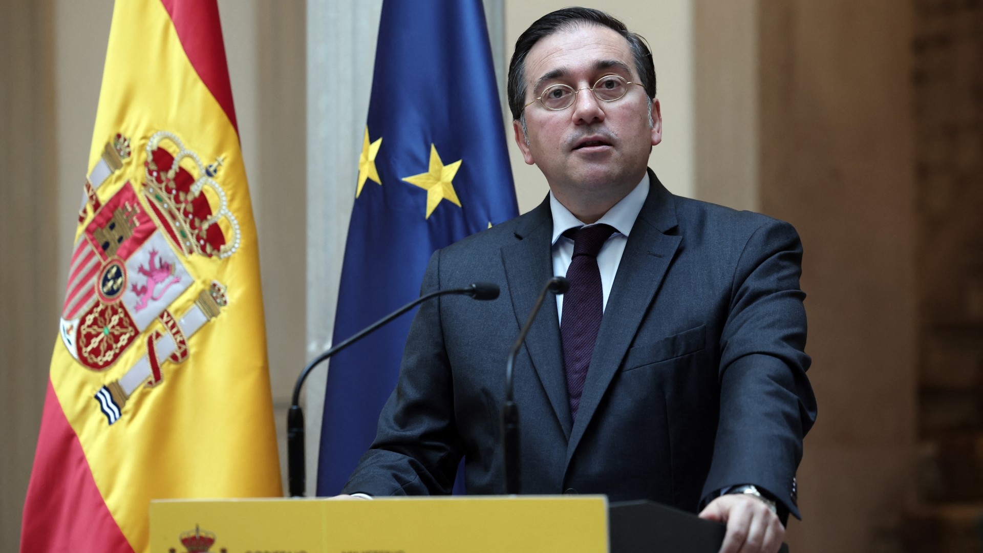 Spain's Minister of Foreign Affairs Jose Manuel Albares holds a press conference at his ministry headquarters in Madrid on 6 June 2024 (AFP/Thomas Coex)